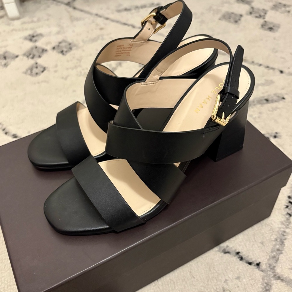 Cole Haan Black Strappy Block Heeled Sandals 7.5